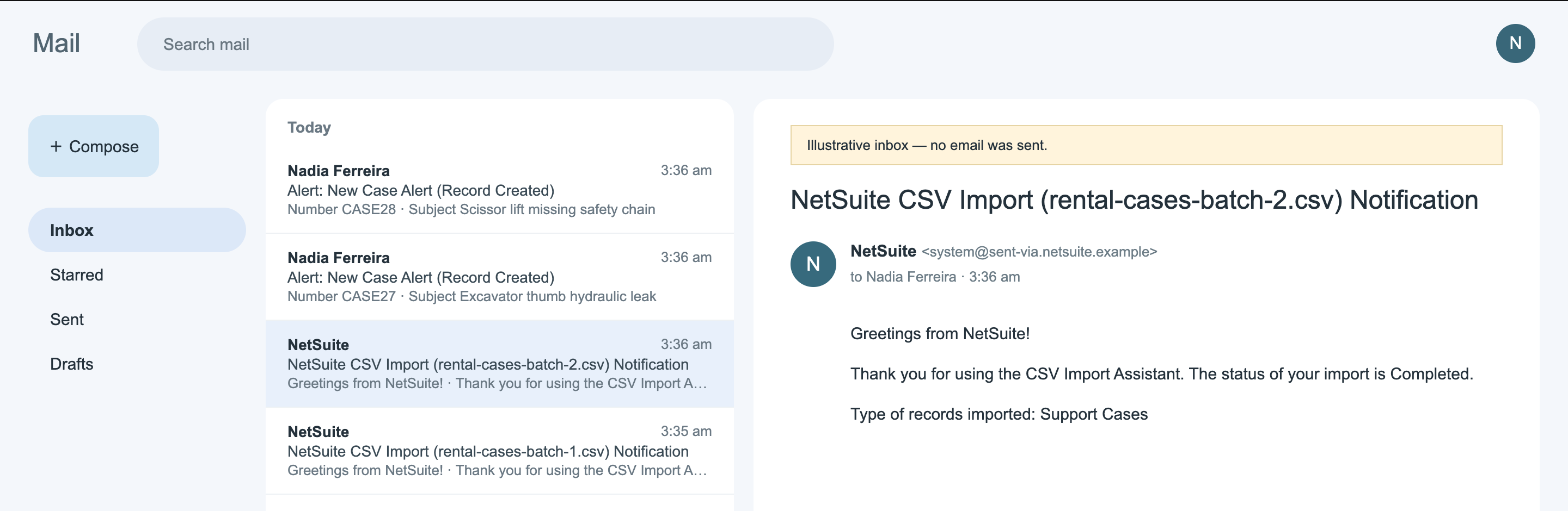 Illustrative inbox labeled 'Illustrative inbox — no email was sent.' with two Alert: New Case Alert (Record Created) messages for CASE28 and CASE27 above the import notifications for rental-cases-batch-2.csv and rental-cases-batch-1.csv