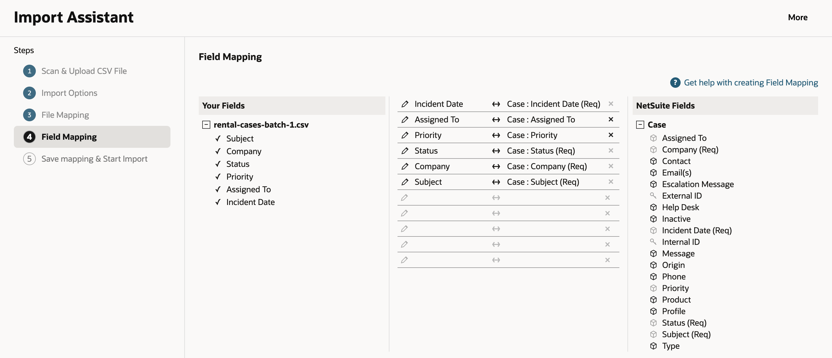 Field Mapping step mapping Incident Date, Assigned To, Priority, Status, Company and Subject from rental-cases-batch-1.csv to the matching Case fields, with Incident Date, Status, Company and Subject marked (Req)