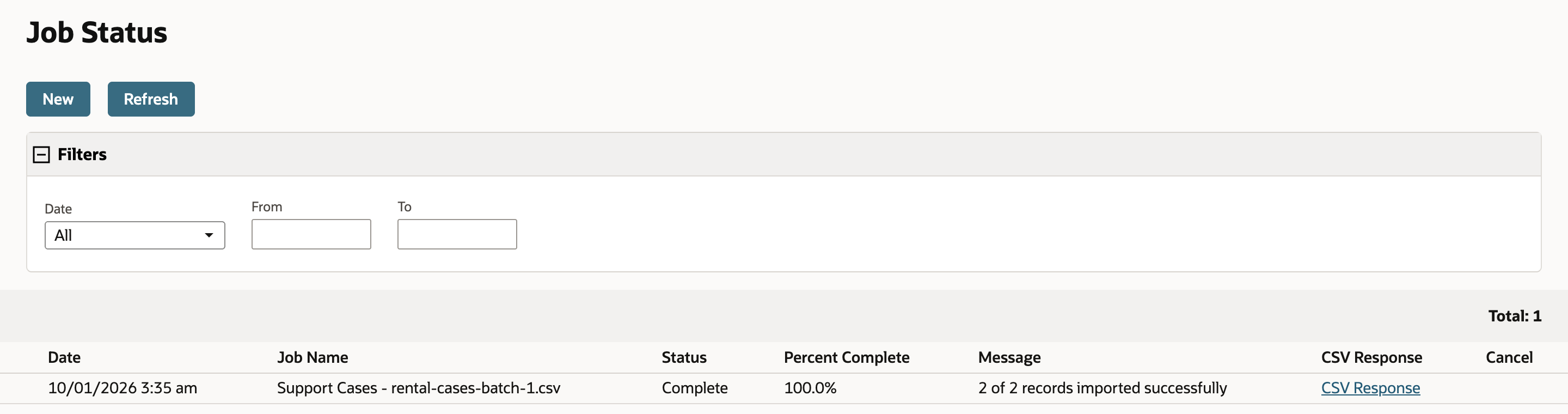 Job Status with one job, Support Cases - rental-cases-batch-1.csv, Status Complete, 100.0%, message 2 of 2 records imported successfully