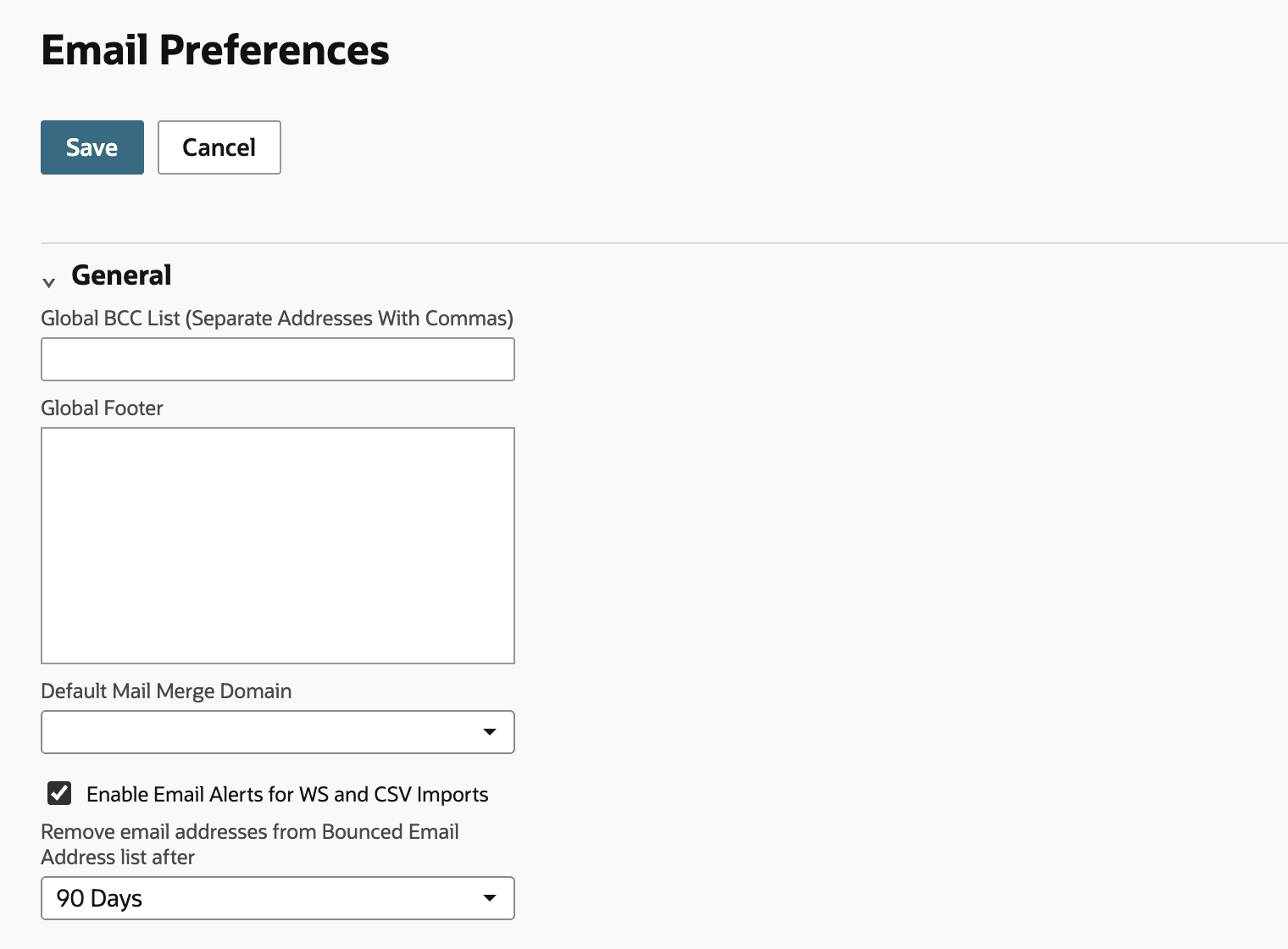 Email Preferences, General section, with Enable Email Alerts for WS and CSV Imports checked before Save; an arrow points to the check box label