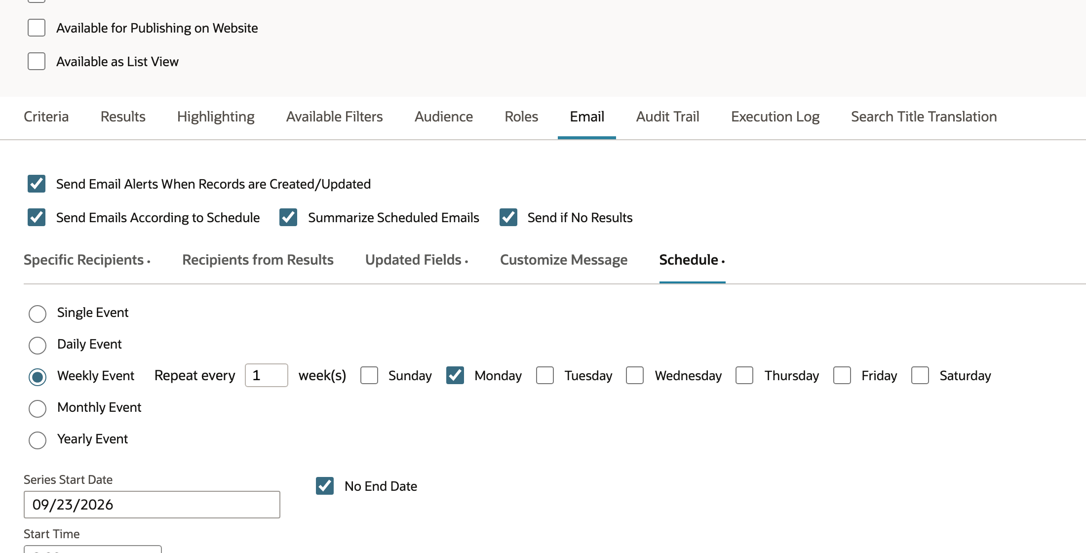 The Schedule subtab shows a weekly recurrence and its start settings.
