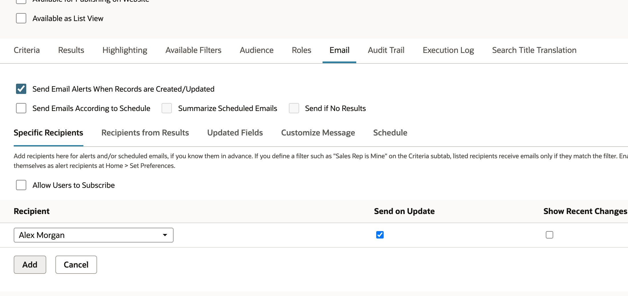 Specific Recipients shows a recipient with Send on Update selected.