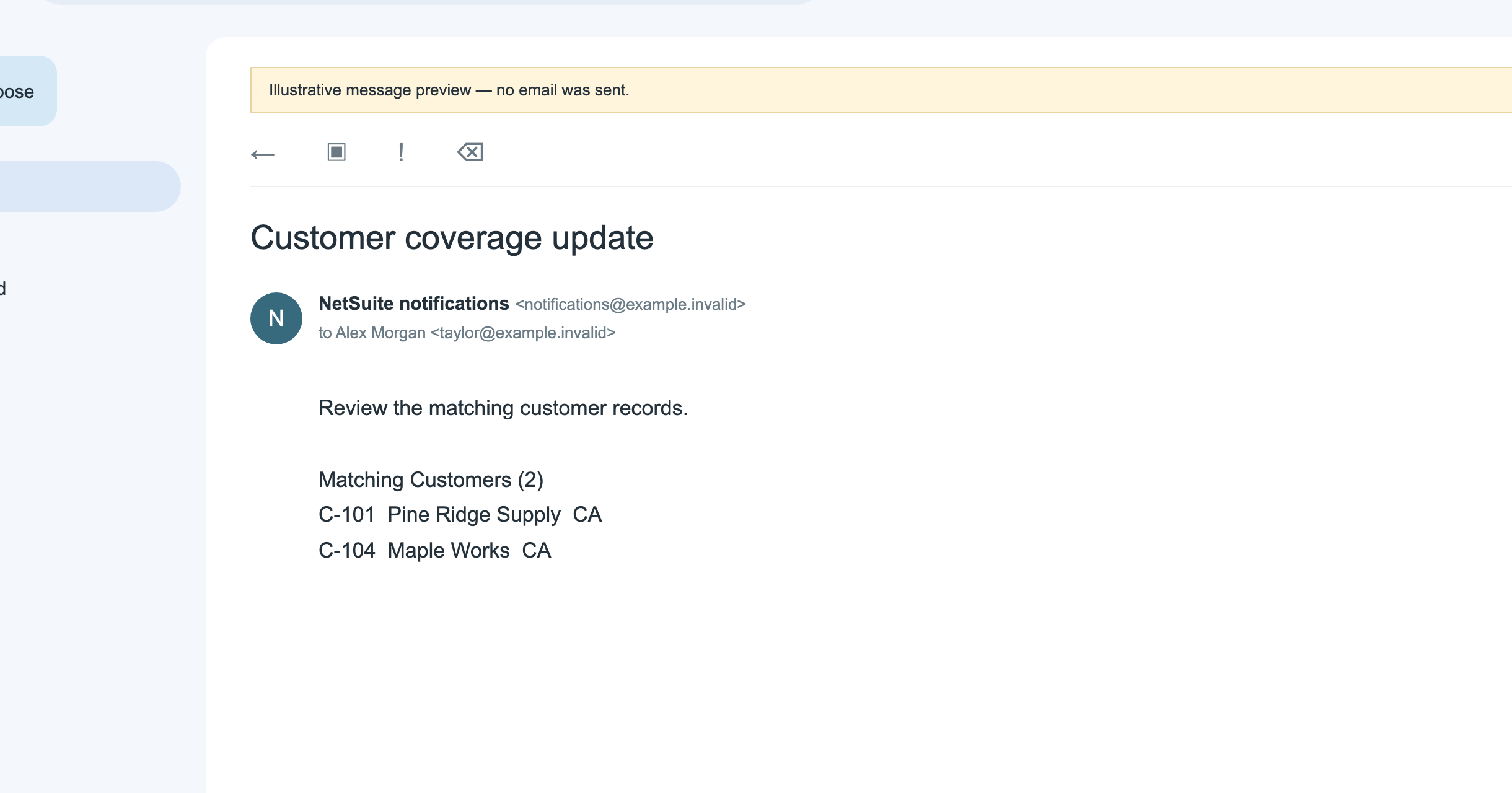 Mock inbox email shows the configured subject, recipient, and two matching Customer rows.