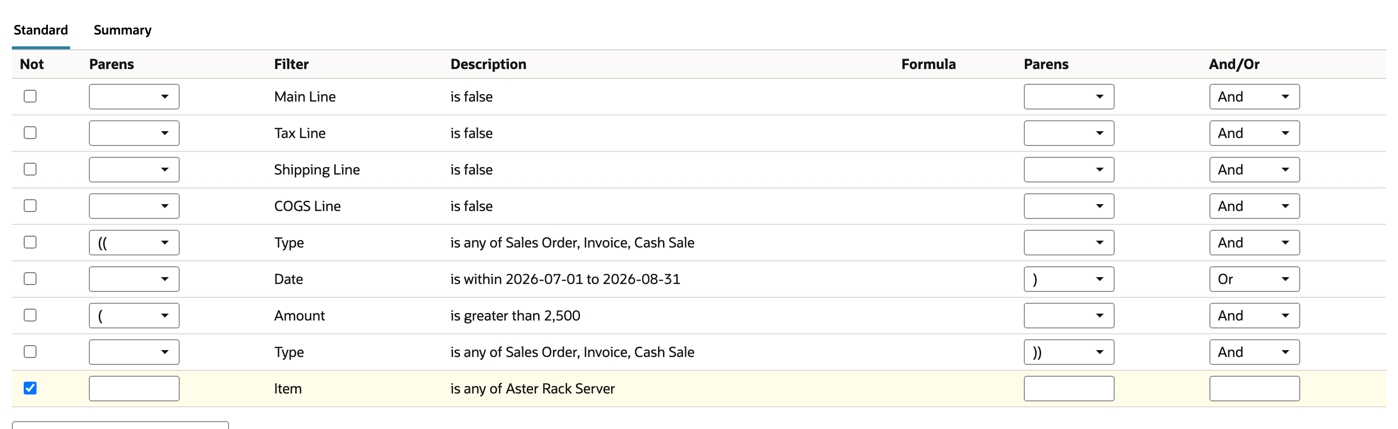 The NOT item condition sits outside the combined OR group.