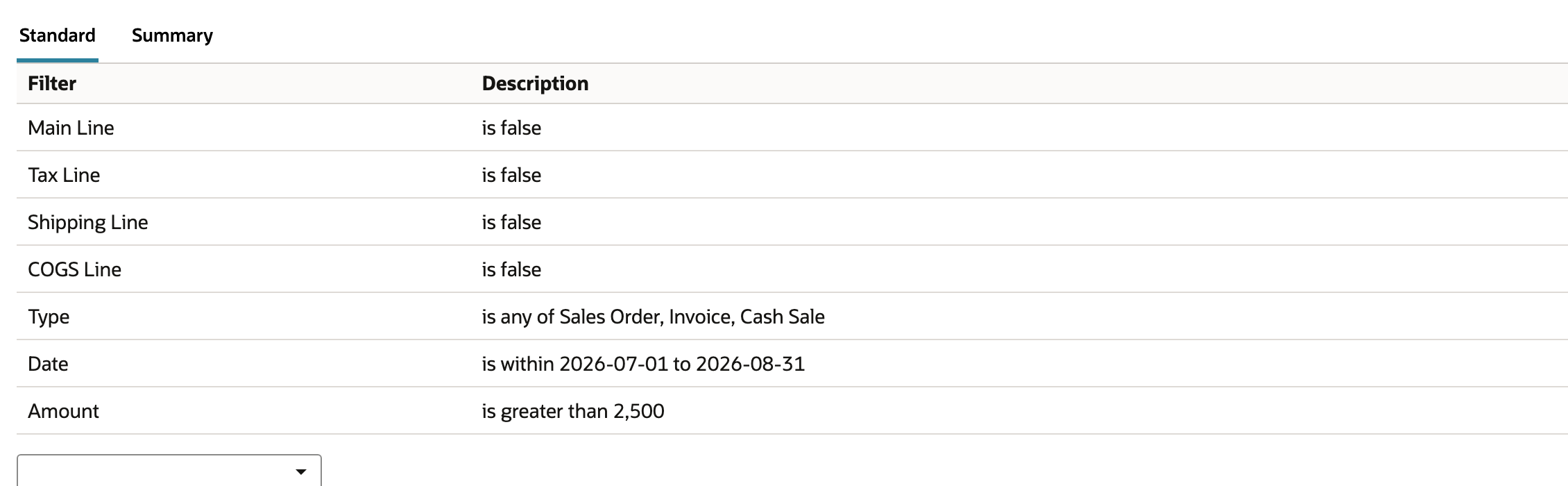 The starting search requires both the date window and line amount threshold.