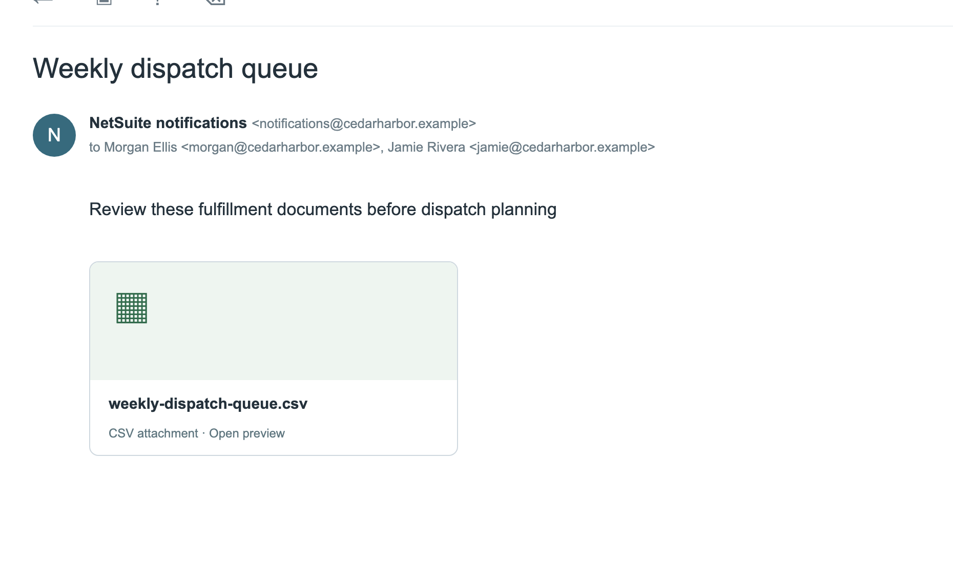 The example message reflects the saved subject, recipients and CSV attachment.