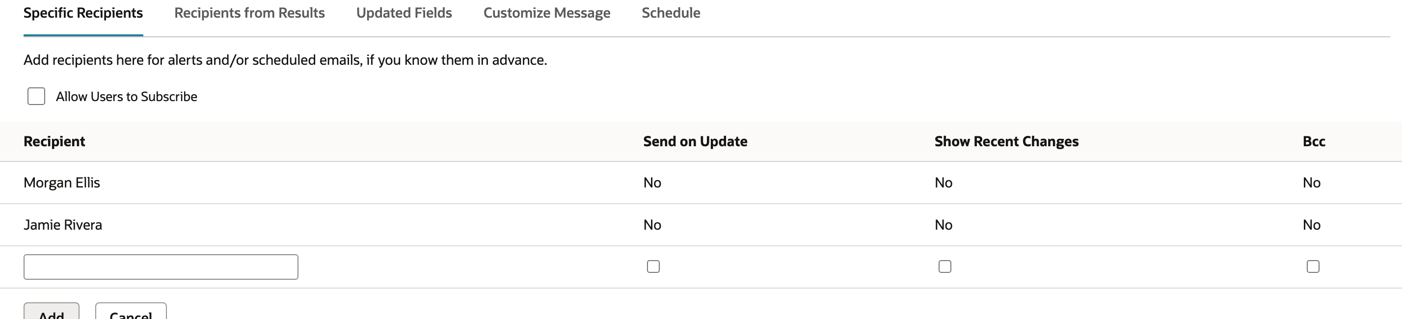 Both specific recipients are committed while empty-result delivery is disabled.