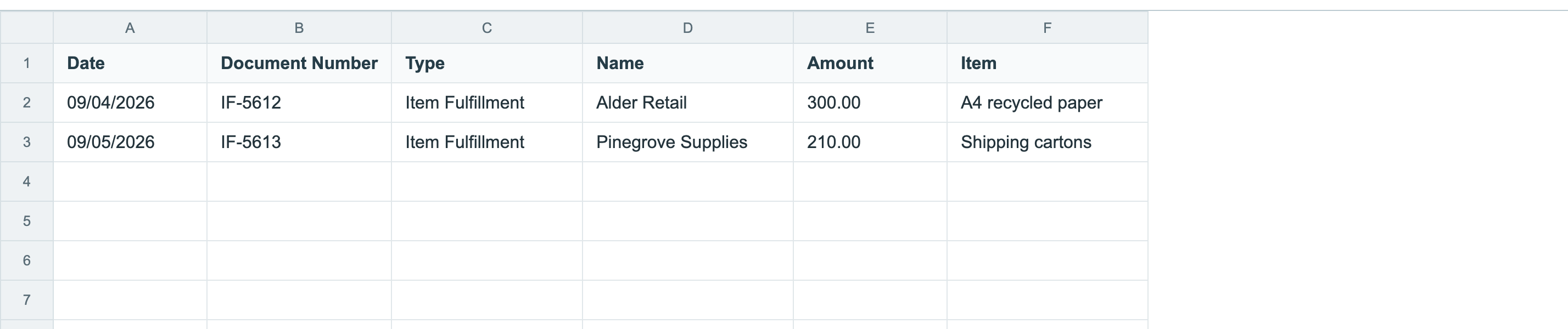 The sample CSV contains the same two fulfillment documents.