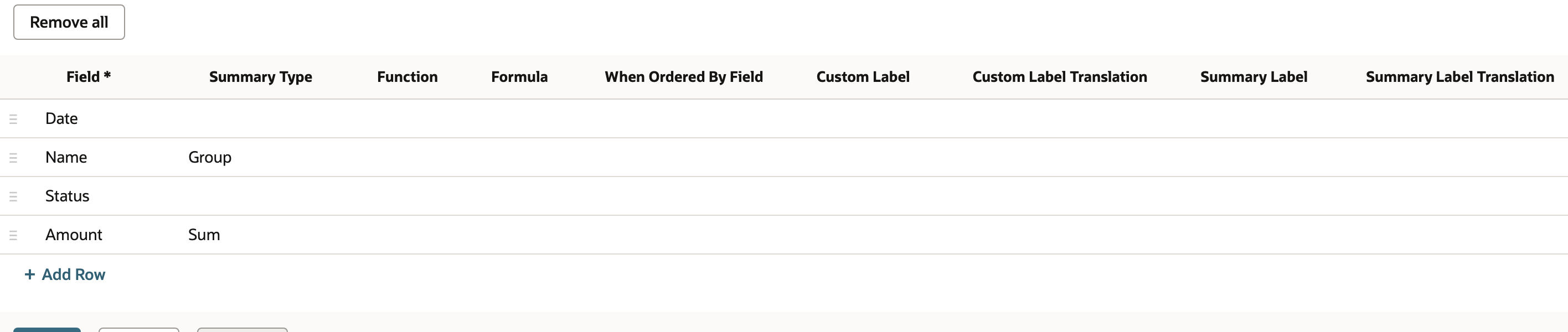 Name is Group and Amount is Sum; Date and Status remain unsummarized.