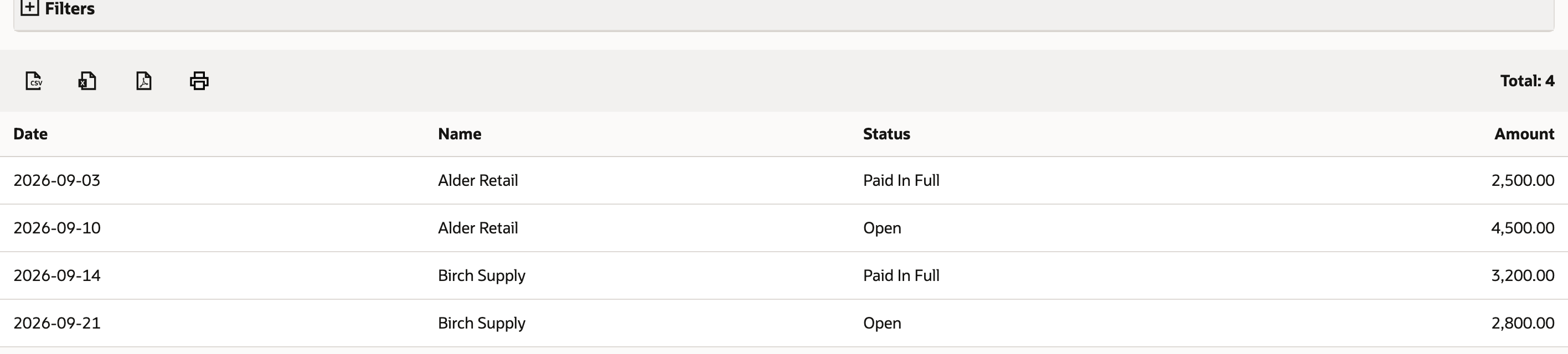 Four qualifying invoices include both paid and open statuses.