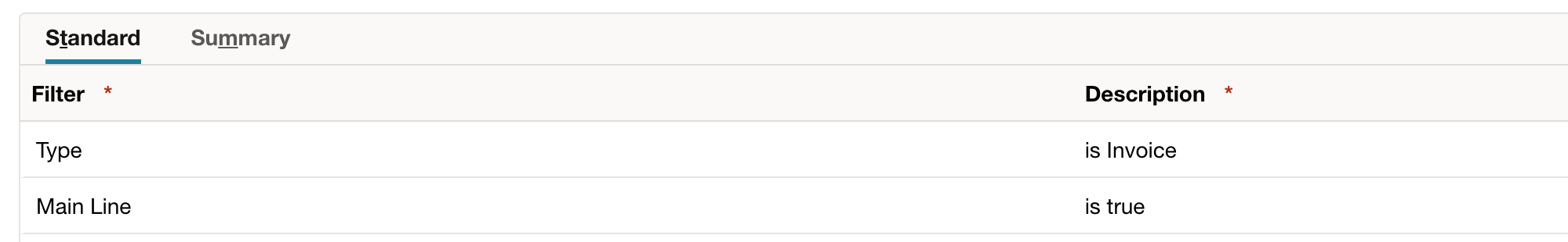 NetSuite saved search Criteria showing Type is Invoice and Main Line is true