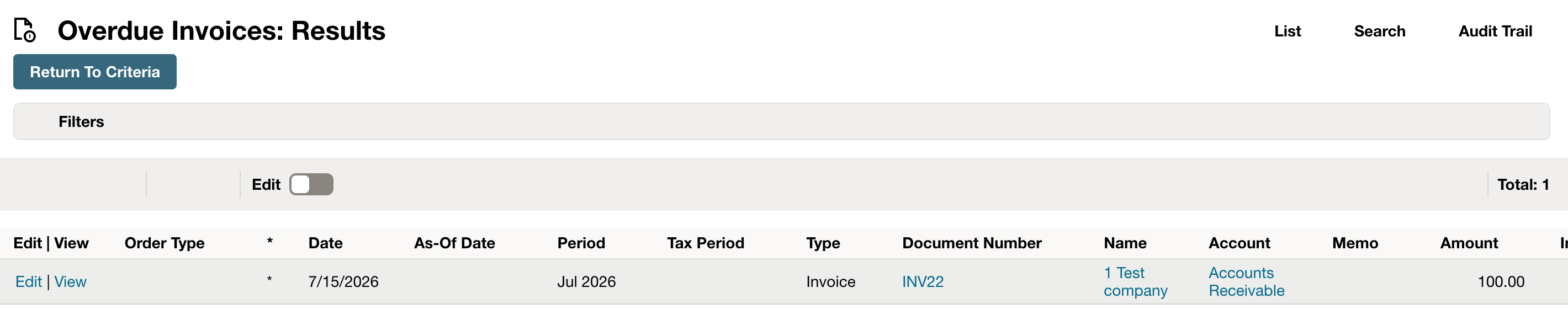 NetSuite saved search results showing invoice INV22 for 1 Test company with amount 100.00