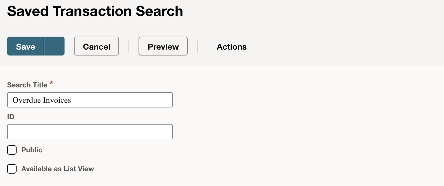 NetSuite Saved Transaction Search form with the Search Title field
