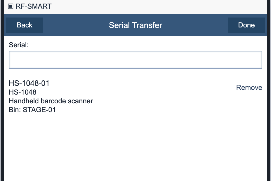 Serial Transfer screen showing accepted serial HS-1048-01, item HS-1048, bin STAGE-01, and Remove