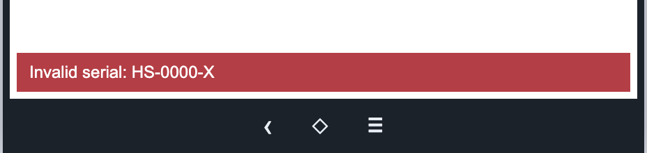 Red RF-SMART Invalid serial message for HS-0000-X, with the two accepted rows visible in the full frame