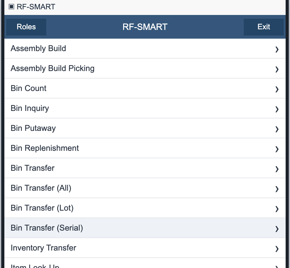 RF-SMART roles menu with Bin Transfer (Serial) between the lot transfer and inventory transfer entries