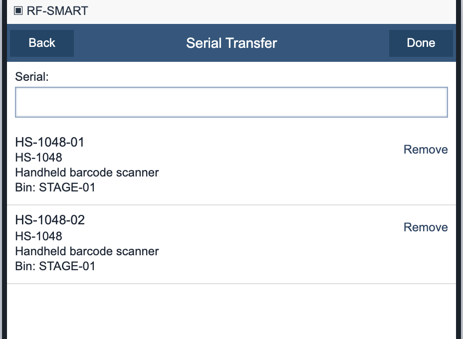 Serial Transfer screen listing HS-1048-01 and HS-1048-02 as separate accepted rows in STAGE-01