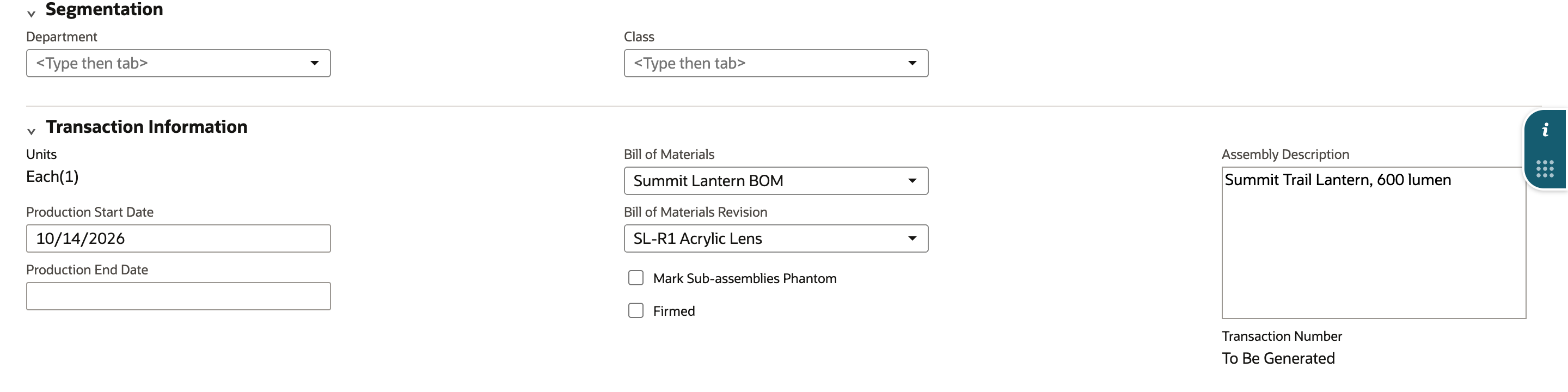 The work order's Transaction Information shows Production Start Date 10/14/2026, Bill of Materials Summit Lantern BOM, and Bill of Materials Revision SL-R1 Acrylic Lens.