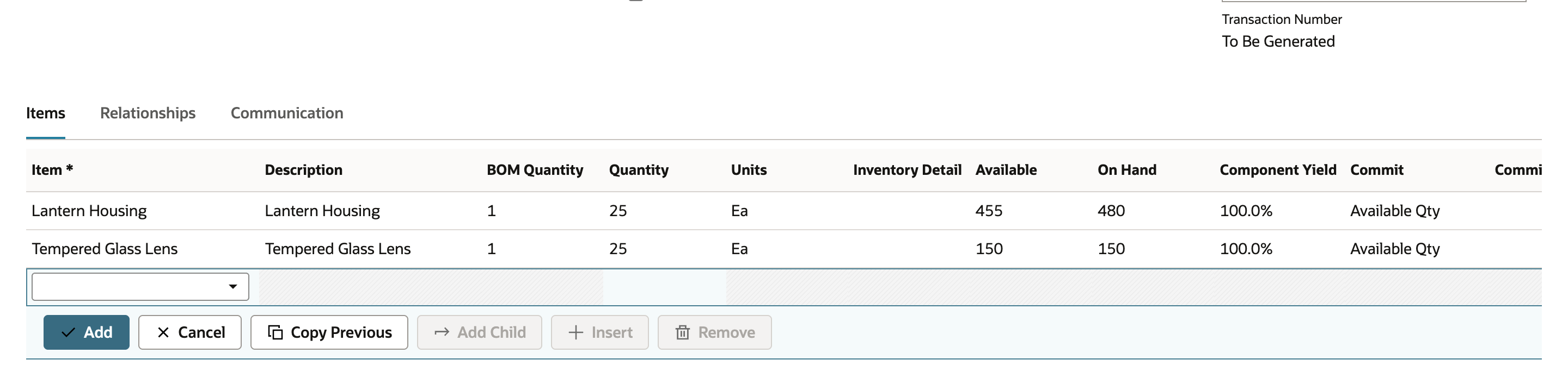 After the date change, the work order Items subtab lists Lantern Housing quantity 25 and Tempered Glass Lens quantity 25.