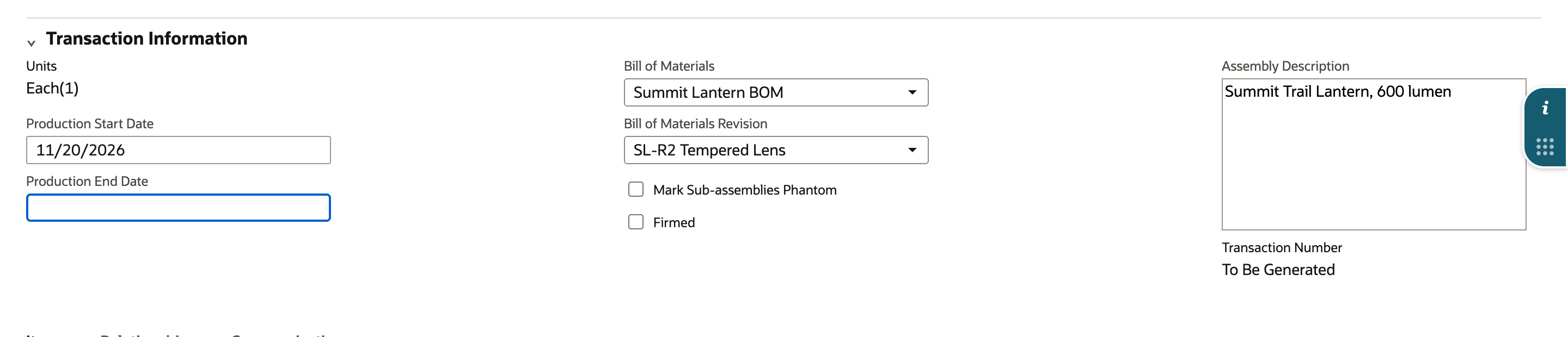 The work order shows Production Start Date 11/20/2026 and Bill of Materials Revision SL-R2 Tempered Lens.