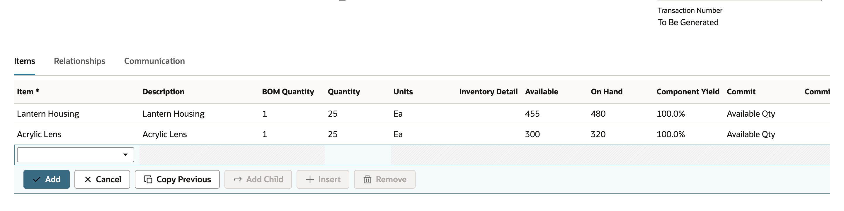 The work order Items subtab lists Lantern Housing quantity 25 and Acrylic Lens quantity 25.