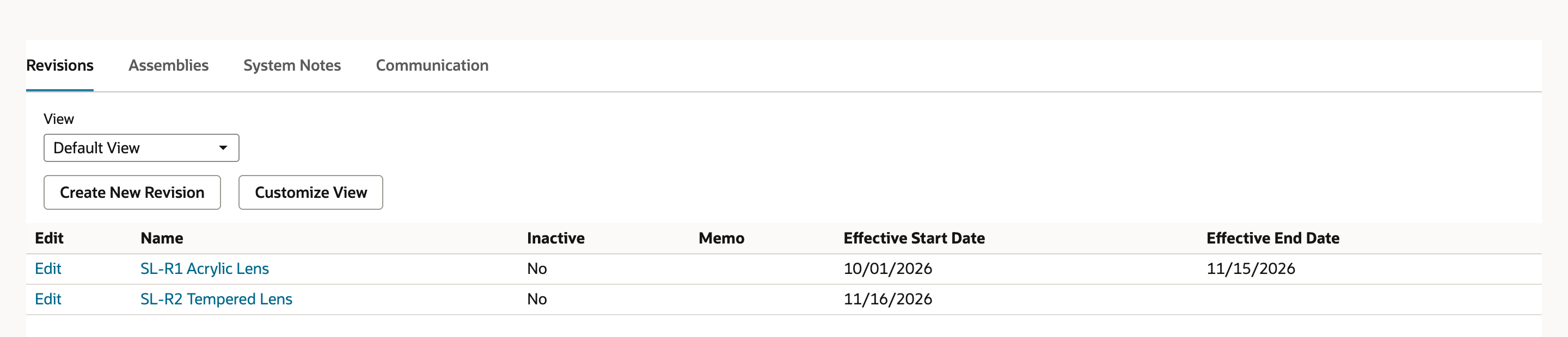 The Revisions subtab lists SL-R1 Acrylic Lens from 10/01/2026 to 11/15/2026 and SL-R2 Tempered Lens from 11/16/2026 with no end date.