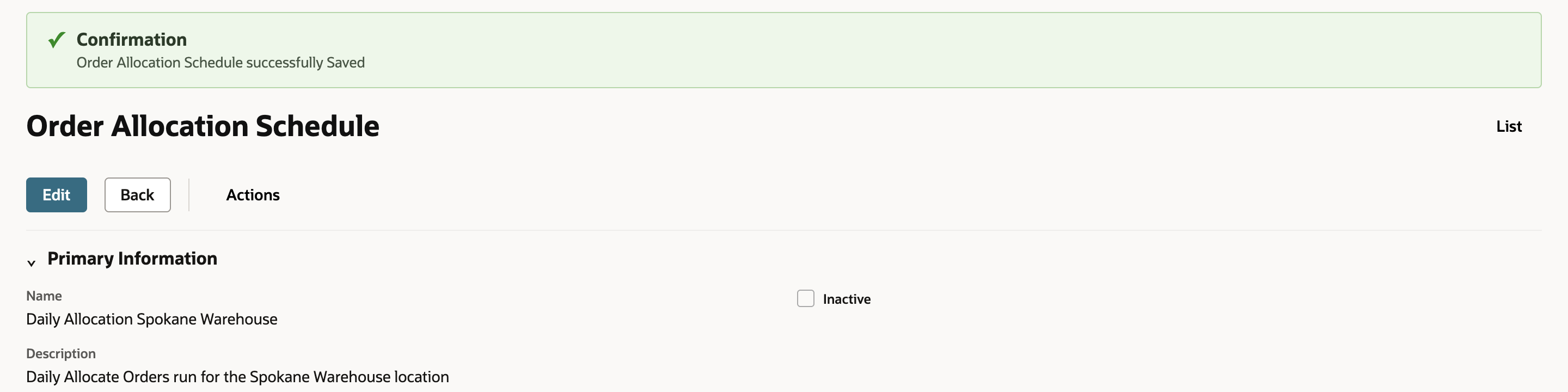 The saved Order Allocation Schedule with the Confirmation Order Allocation Schedule successfully Saved marked by a red arrow, the Name and the Description.
