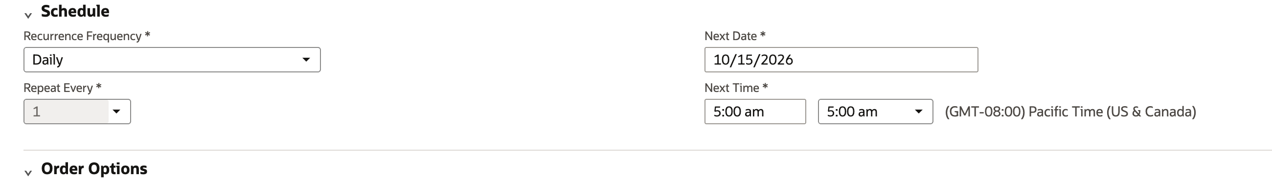 The Schedule section with Recurrence Frequency Daily, Repeat Every greyed out at 1, Next Date 10/15/2026 and Next Time 5:00 am with its time zone, marked by a red arrow.