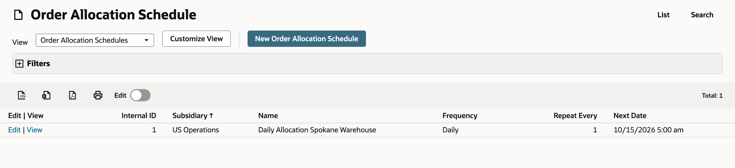 The Order Allocation Schedule list with one schedule, Daily Allocation Spokane Warehouse, with Next Date 10/15/2026 5:00 am marked by a red arrow.