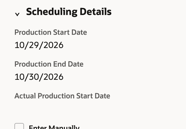 Scheduling Details of work order WO2131 with Production Start Date 10/29/2026, Production End Date 10/30/2026 and Scheduling Method Backward