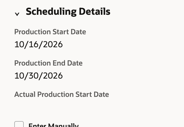 Scheduling Details of work order WO2131 with Production Start Date 10/16/2026, Production End Date 10/30/2026 and Scheduling Method Backward