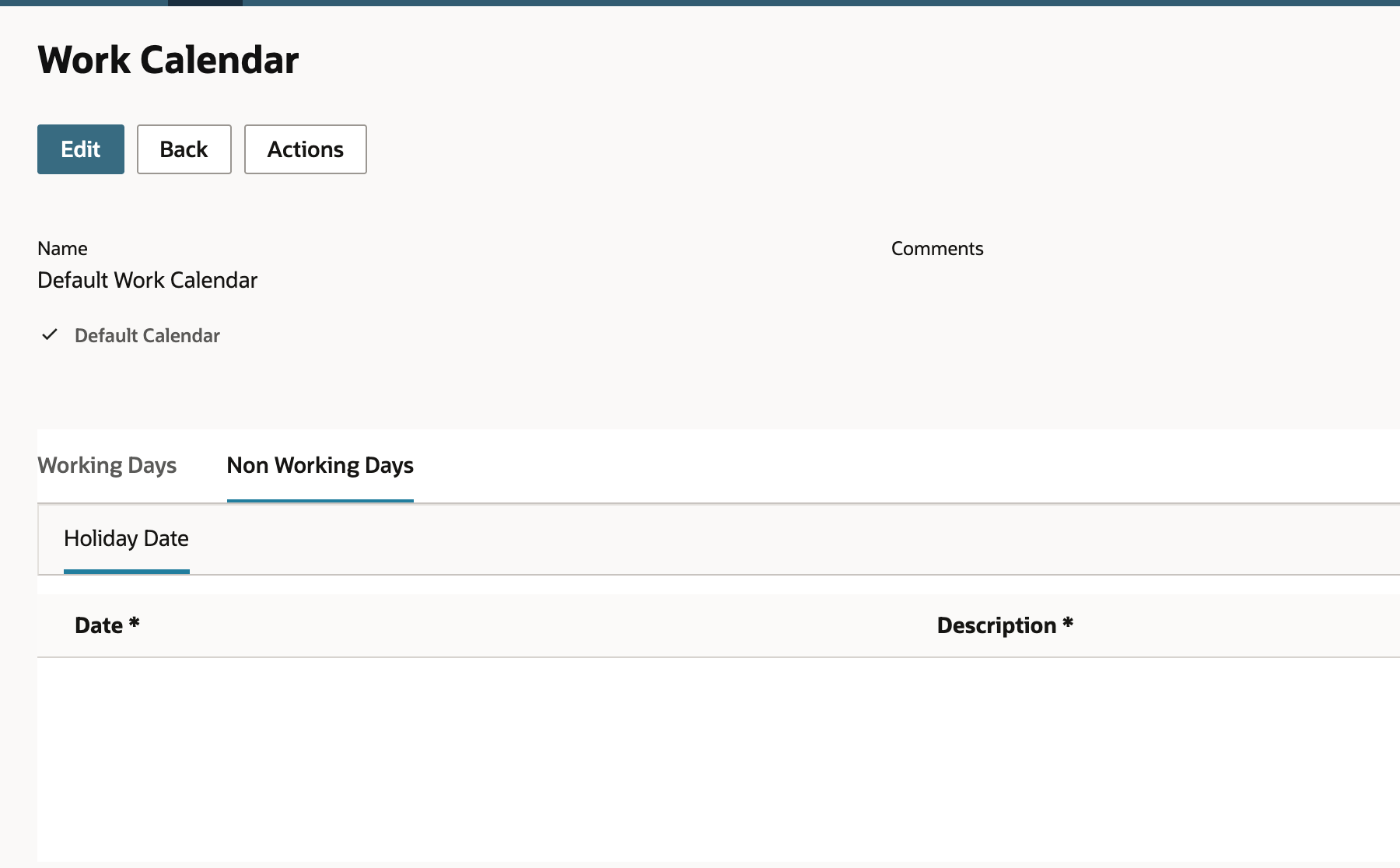 The Non Working Days subtab of Default Work Calendar showing an empty Holiday Date sublist with Date and Description columns.