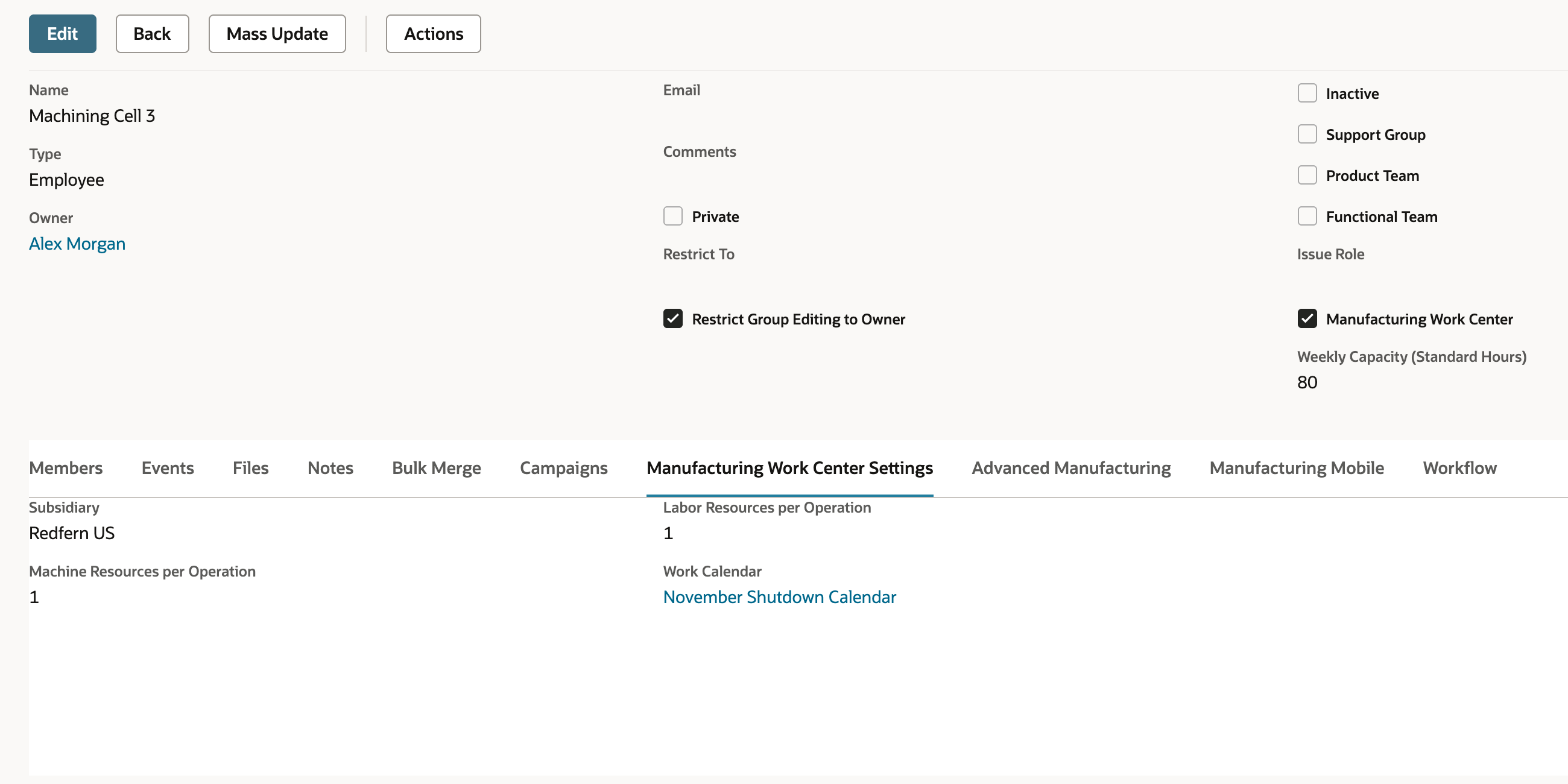 The saved Machining Cell 3 group with the Manufacturing Work Center Settings subtab showing Work Calendar November Shutdown Calendar.