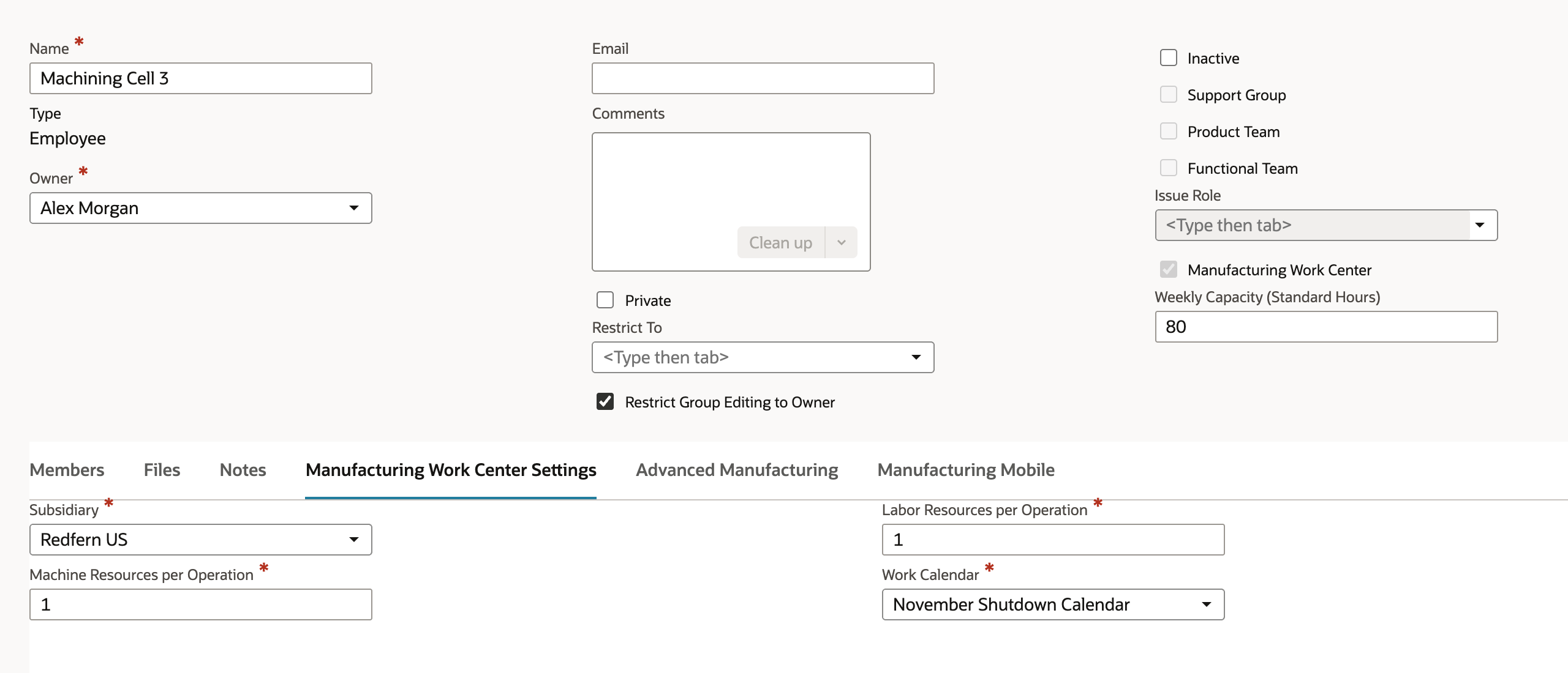 The Edit Static Employee Group form for Machining Cell 3 with the Manufacturing Work Center Settings subtab open and Work Calendar set to November Shutdown Calendar.