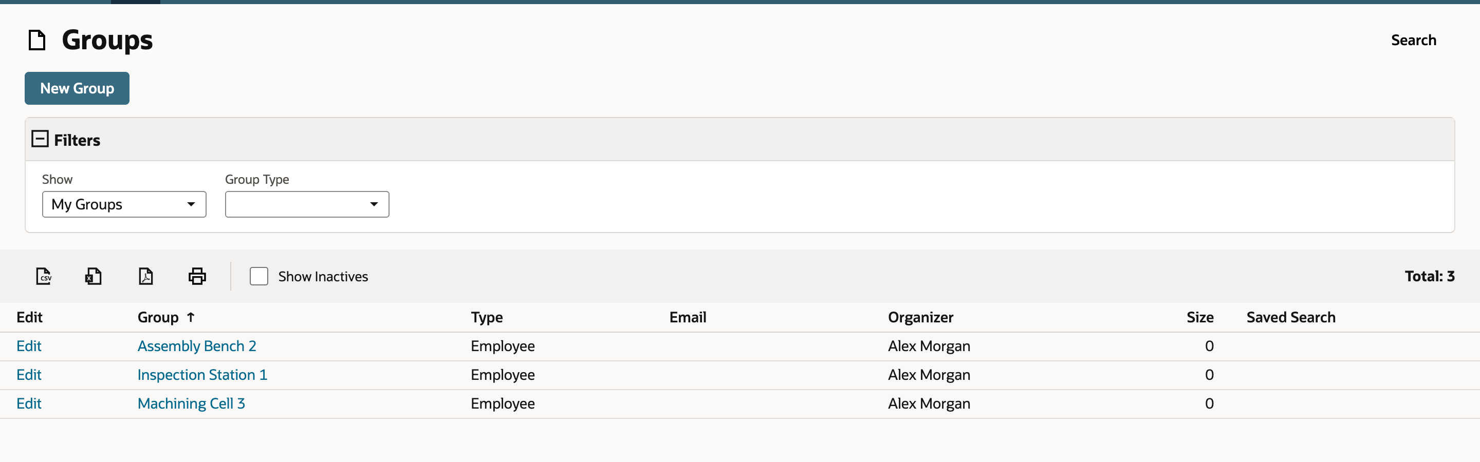The Groups list with three employee groups: Assembly Bench 2, Inspection Station 1 and Machining Cell 3.