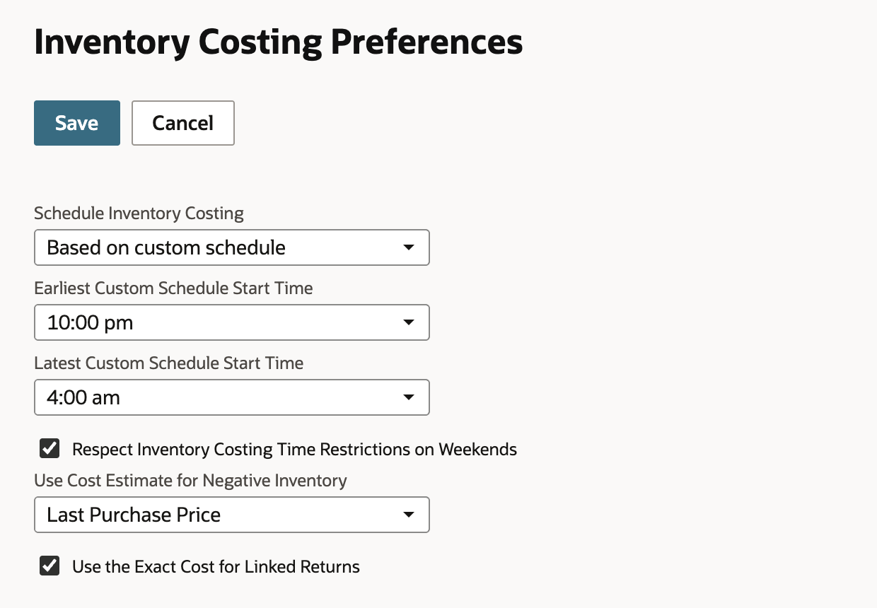 Respect Inventory Costing Time Restrictions on Weekends is checked below the two start-time lists.