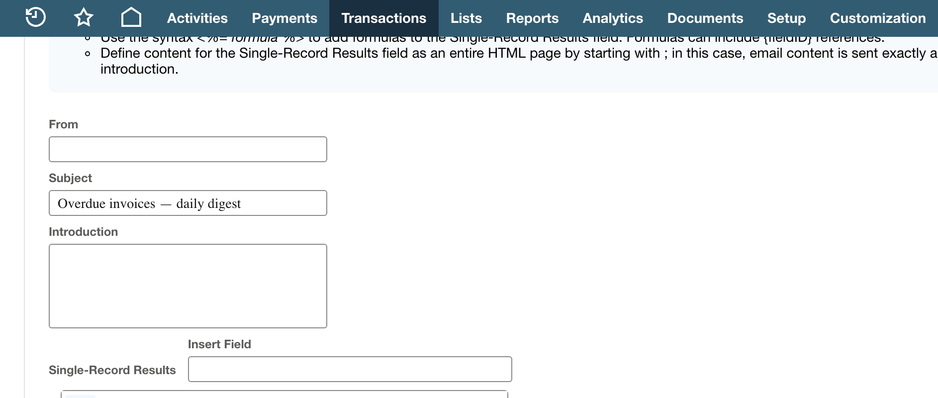 Customize Message provides the subject and result-delivery settings.