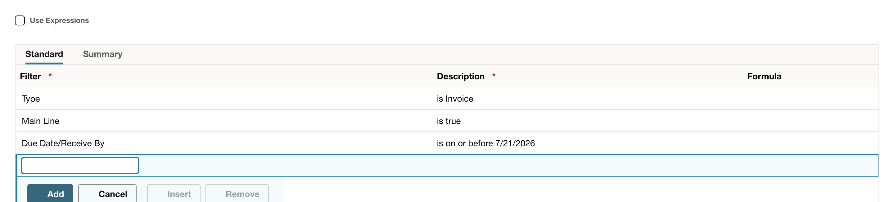 The criteria limit results to invoices, main lines, and the selected due-date cutoff.