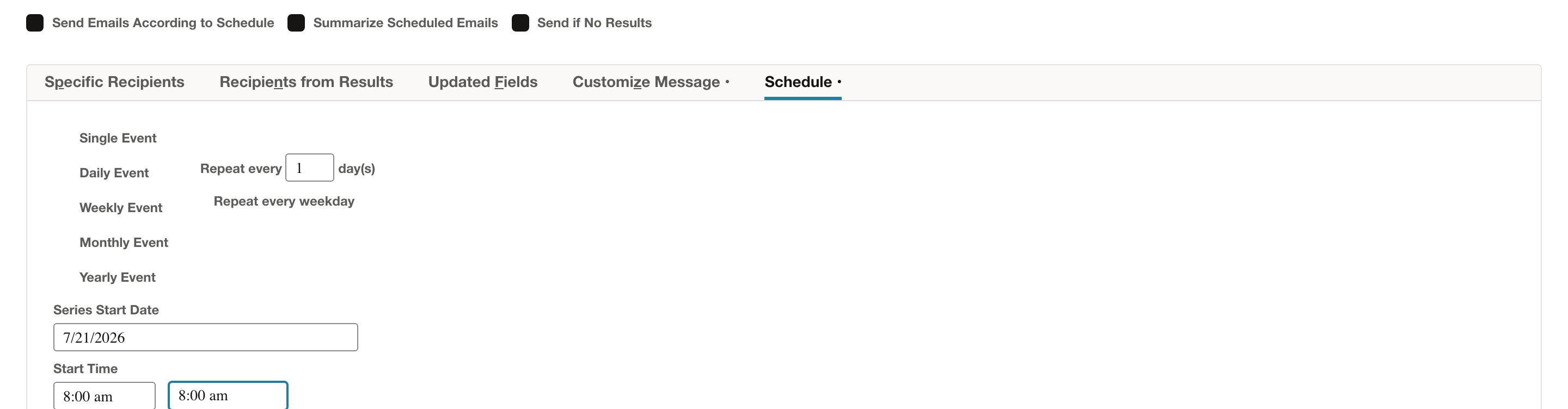 The Schedule tab is configured as a Daily Event.