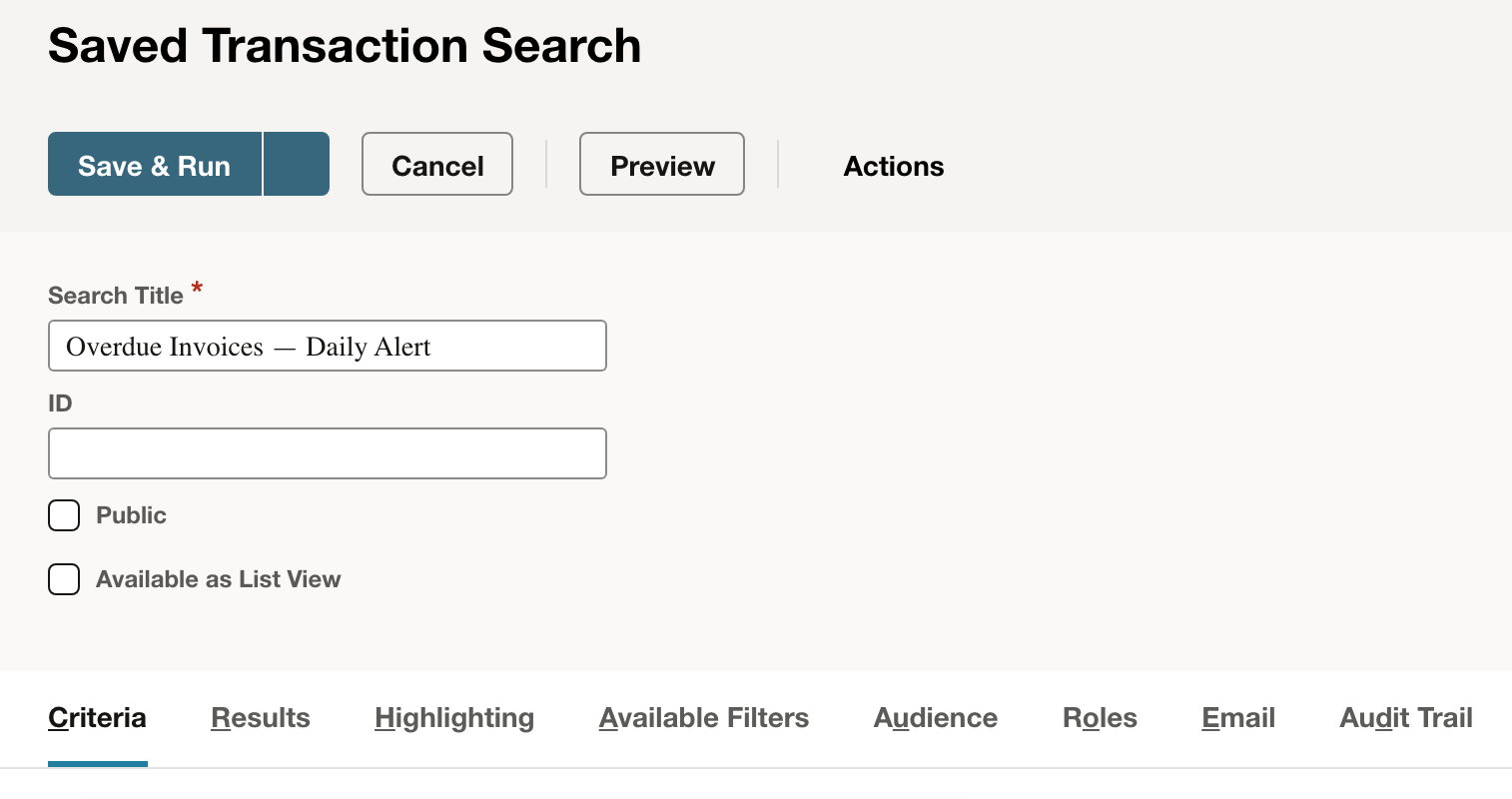 The Transaction saved search has a descriptive title.
