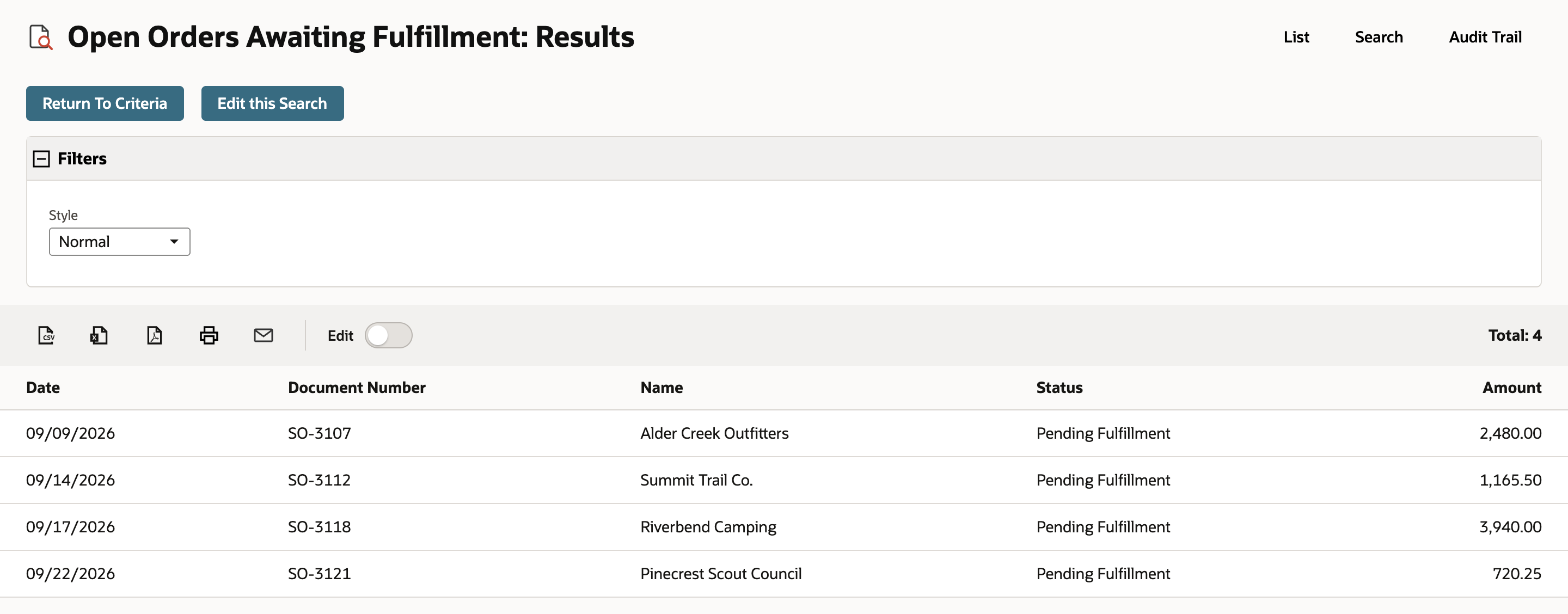 Open Orders Awaiting Fulfillment: Results with Return To Criteria and Edit this Search buttons, Total: 4, and sales orders SO-3107, SO-3112, SO-3118, and SO-3121, all Pending Fulfillment. An arrow points to Edit this Search.