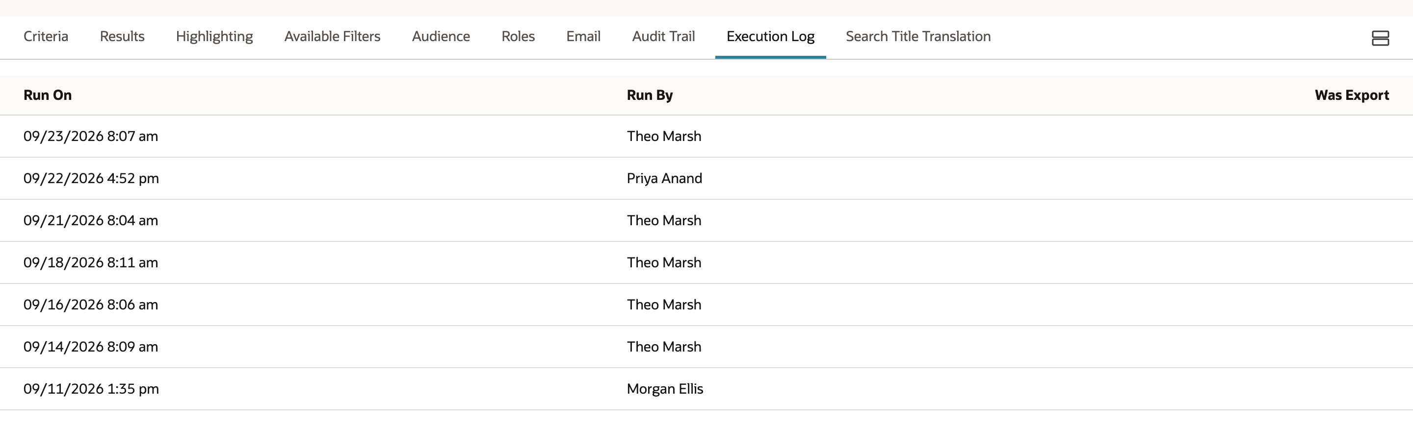The Execution Log subtab with Run On, Run By, and Was Export columns. Rows: 09/23/2026 Theo Marsh, 09/22/2026 Priya Anand, 09/21/2026 Theo Marsh, 09/18/2026 Theo Marsh, 09/16/2026 Theo Marsh, 09/14/2026 Theo Marsh, 09/11/2026 Morgan Ellis. Was Export is blank on every row.