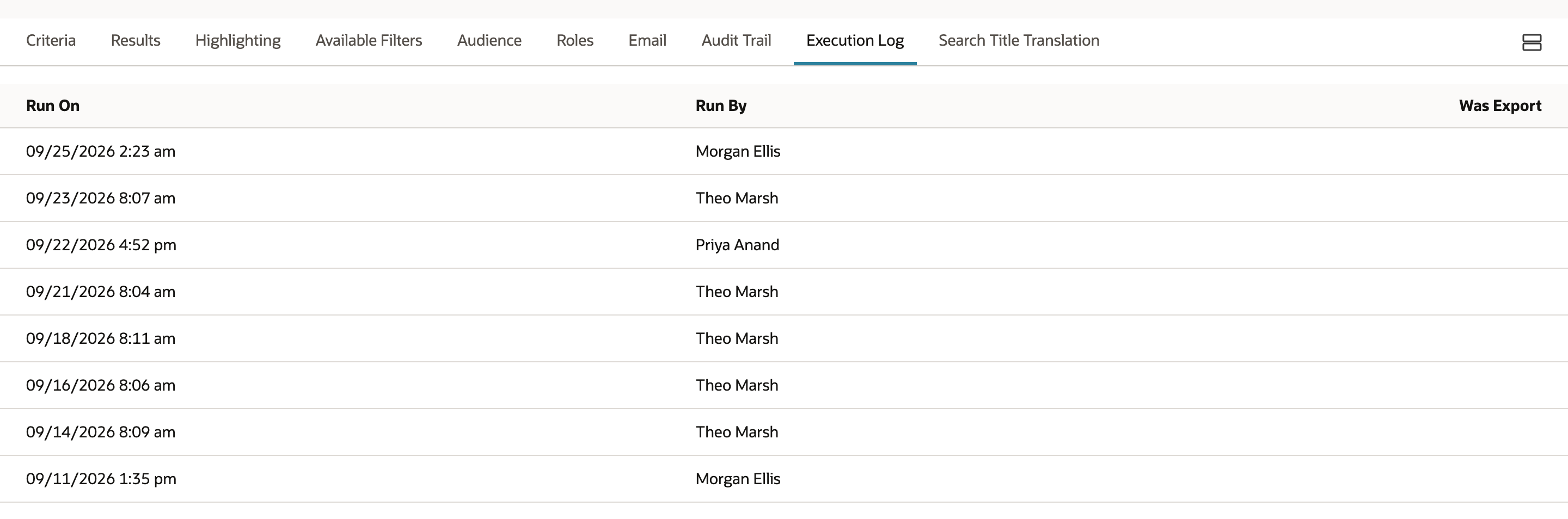 The Execution Log with a new top row: 09/25/2026 2:23 am, Run By Morgan Ellis, Was Export blank, with an arrow pointing to Morgan Ellis. Theo Marsh's 09/23/2026 run is second.