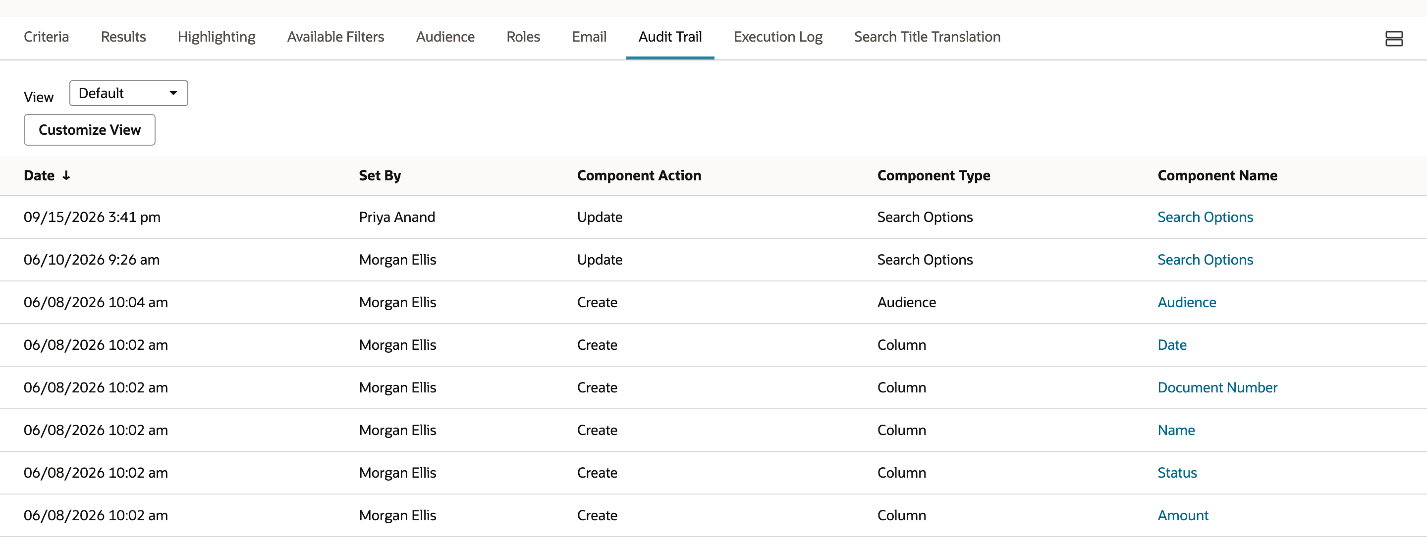 The Audit Trail subtab. The newest row is 09/15/2026 3:41 pm, Priya Anand, Update, Search Options, with an arrow pointing to its Search Options link. Older rows are Morgan Ellis's changes from June 2026.
