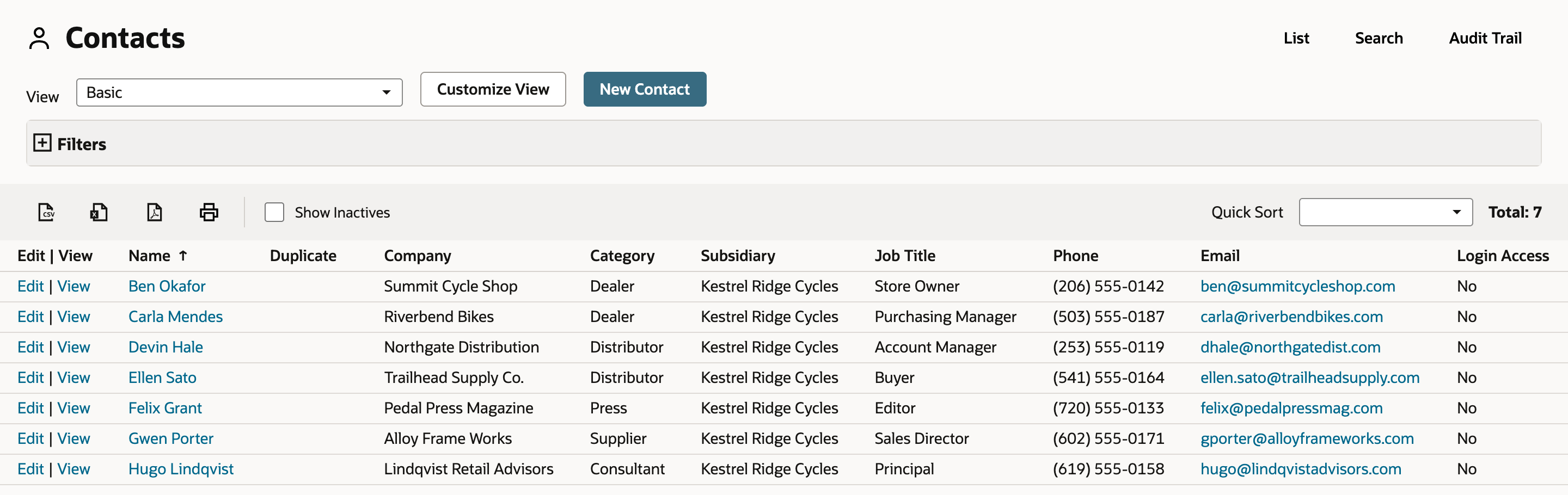 The Contacts list with Total: 7. Ben Okafor and Carla Mendes have Category Dealer, Devin Hale and Ellen Sato have Category Distributor, and Felix Grant, Gwen Porter and Hugo Lindqvist are Press, Supplier and Consultant.