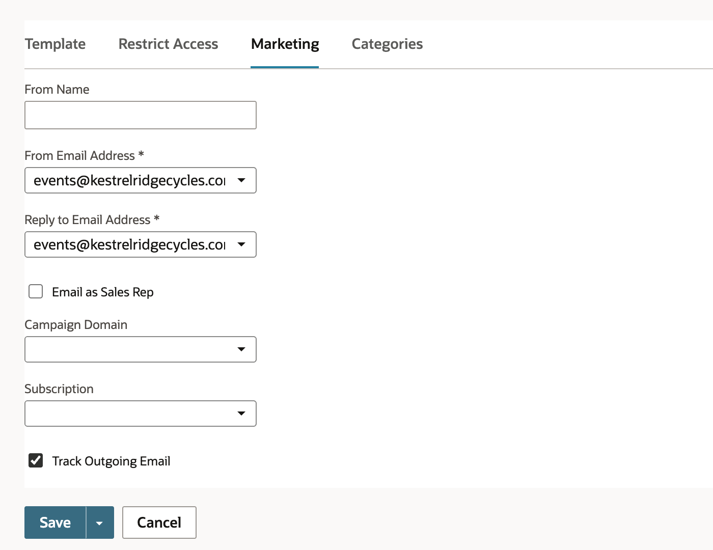 The template's Marketing subtab with From Email Address and Reply to Email Address both set to events@kestrelridgecycles.com and Track Outgoing Email checked.