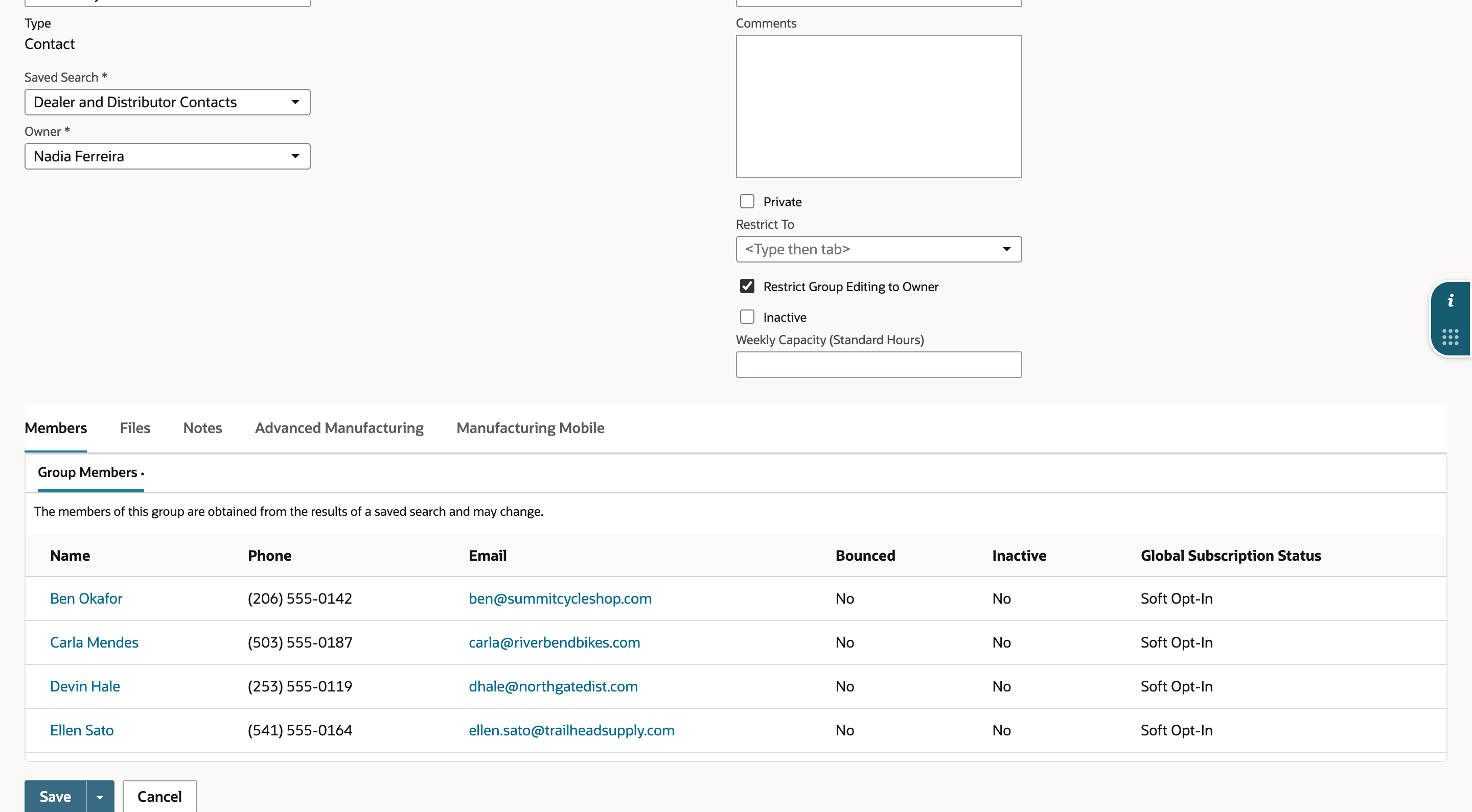 The group form with Saved Search Dealer and Distributor Contacts and Group Members Ben Okafor, Carla Mendes, Devin Hale and Ellen Sato, all Bounced No, Inactive No and Soft Opt-In.