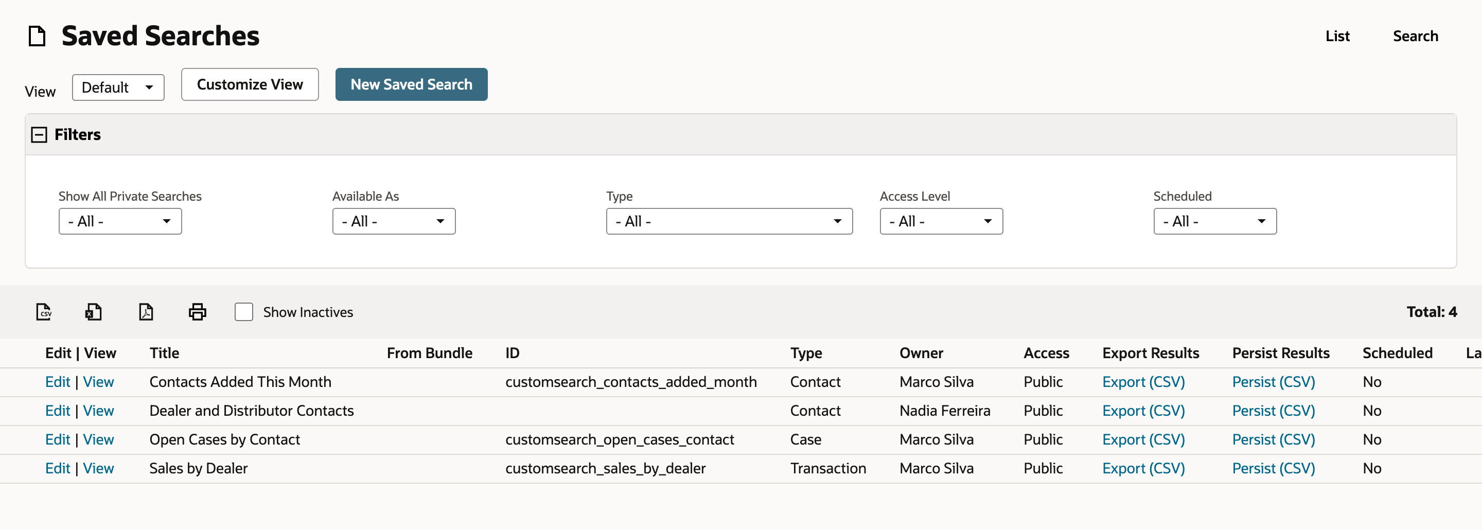 The Saved Searches list with Total: 4, including Dealer and Distributor Contacts, Type Contact, Owner Nadia Ferreira, Access Public.