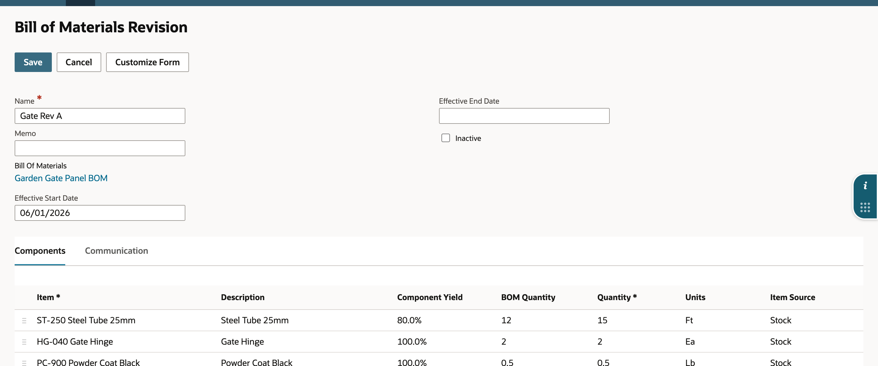 The revision is open for editing with the steel tube line at Component Yield 80.0%, BOM Quantity 12 and Quantity 15.