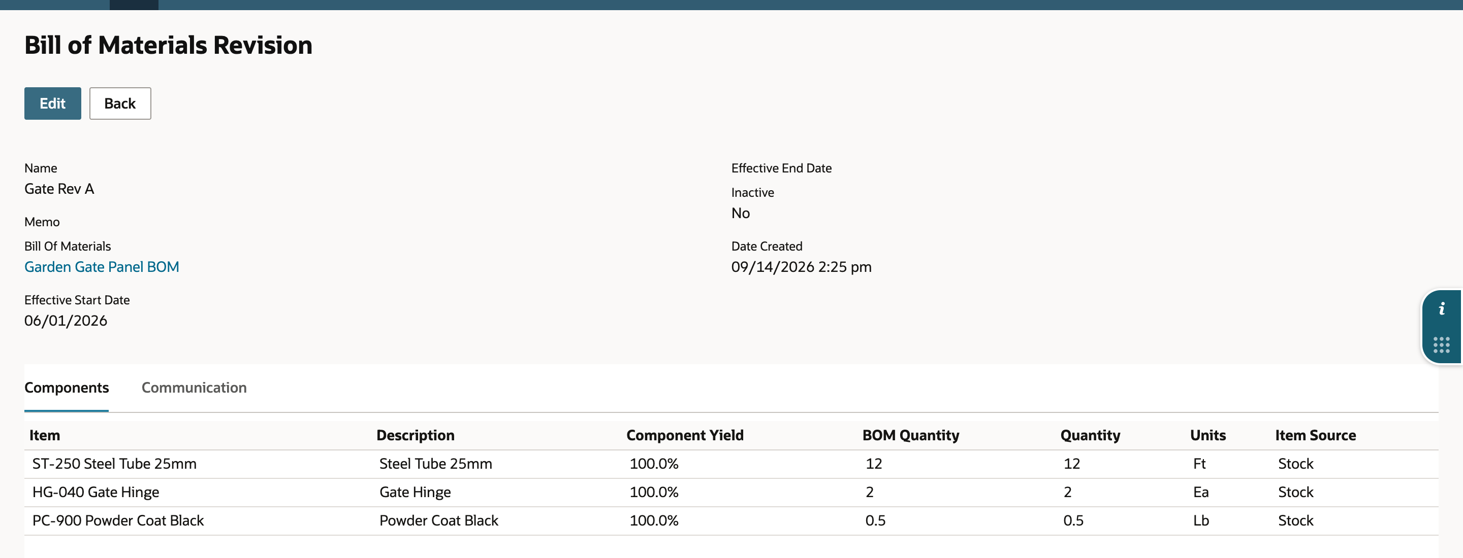 Gate Rev A lists three components, all at Component Yield 100.0%, with the steel tube at BOM Quantity 12 and Quantity 12.